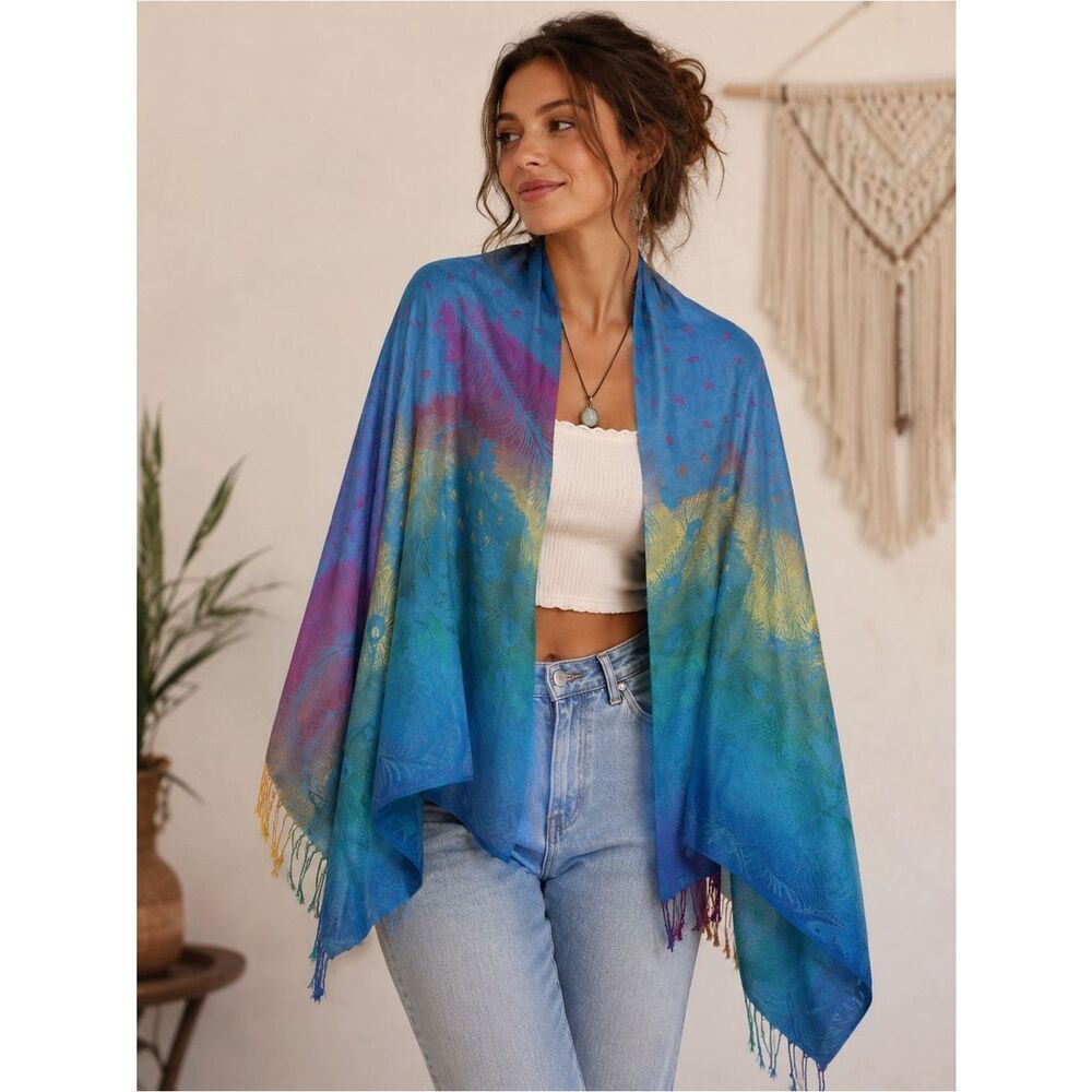 Pashmina Blue Multicolor Feather Stitched Scarf Shawl OS Bohemian Tropical Fairy